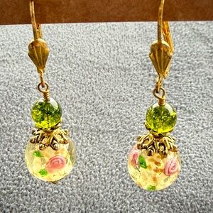 Gold and Green Floral Drop Earrings